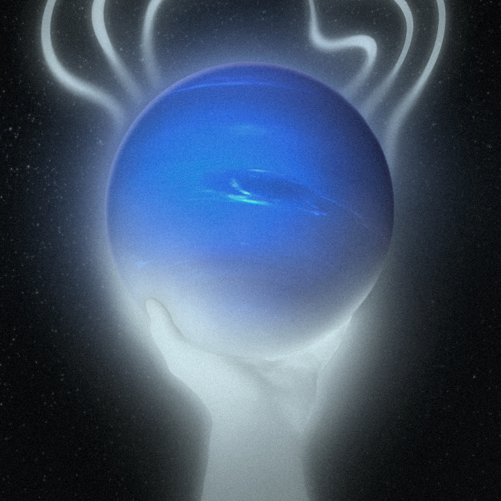 Dos manos luminosas sosteniendo el planeta Venus.